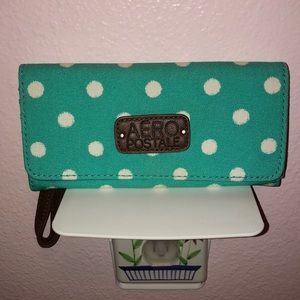 Aeropostale Turquoise & White Polka Dot Zipper Wristlet